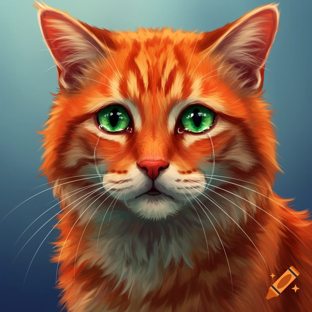 An illustration of an orange cat with bright green eyes crying.