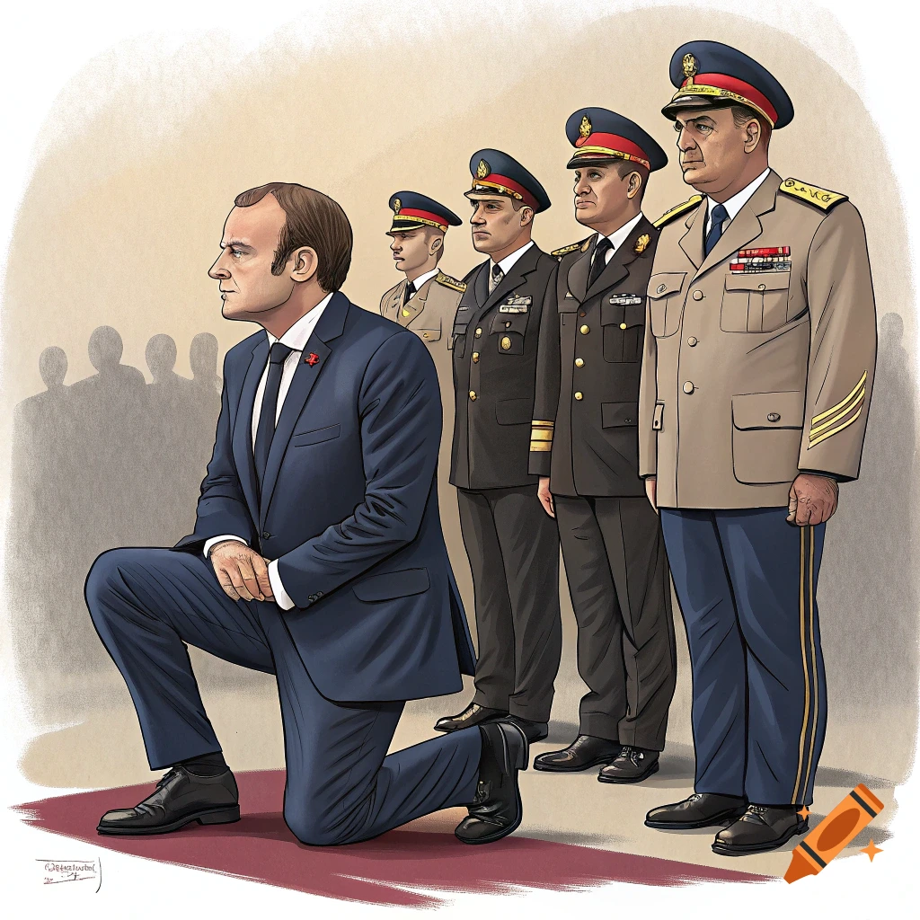 Illustration of a man in a suit kneeling on a red carpet in front of several men in military uniforms.