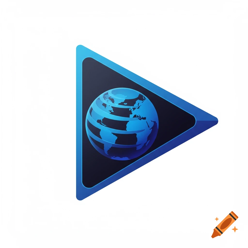 Blue globe logo inside a blue play button