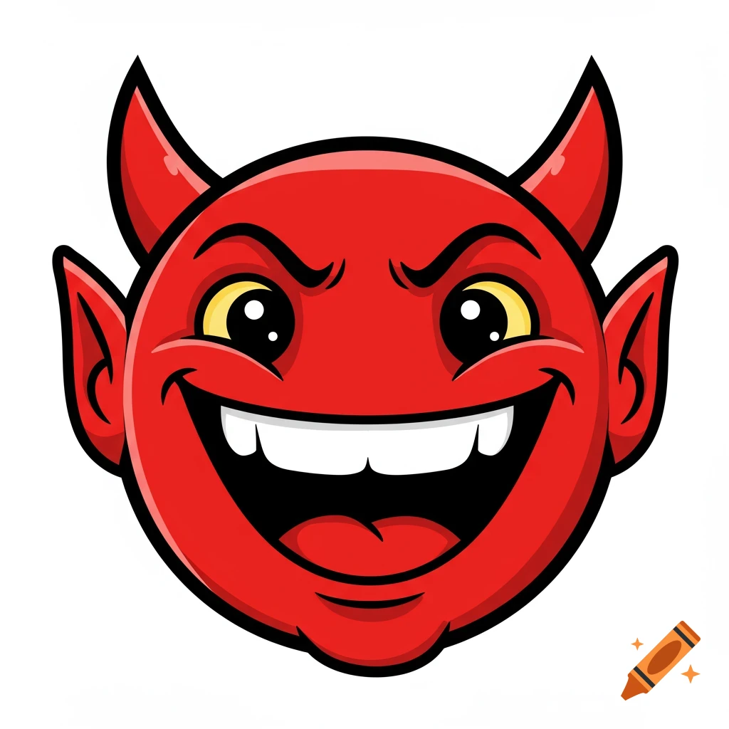 A cartoon red devil face with horns, yellow eyes, and a wide smile.