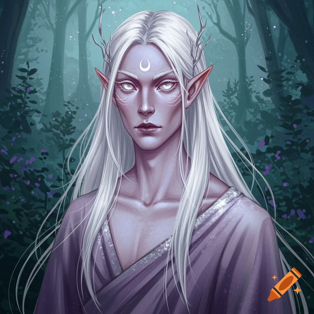 Portrait of a fantasy elf with white hair, pale skin, pointed ears, crescent moon forehead mark, and a purple robe in a forest.