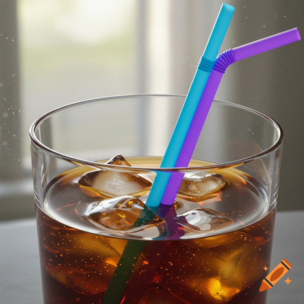 Close-up photorealistic shot of a glass of soda with ice and two straws, one blue and one purple.
