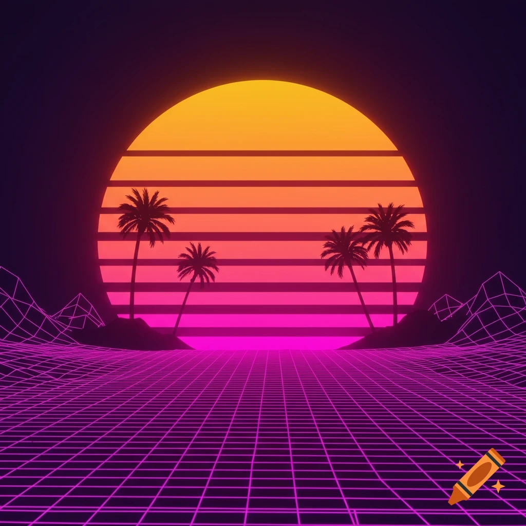 Retro vaporwave landscape with silhouetted palm trees against a striped sunset and a pink grid ground.