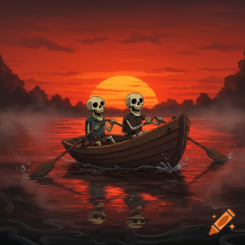 Illustration of two cartoon skeletons rowing a boat at sunset