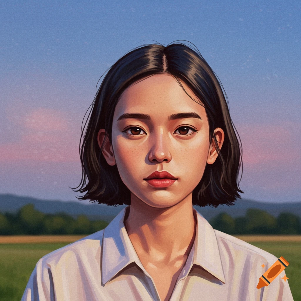 A stylized portrait of a young woman with short dark hair standing in a field under a sunset sky.