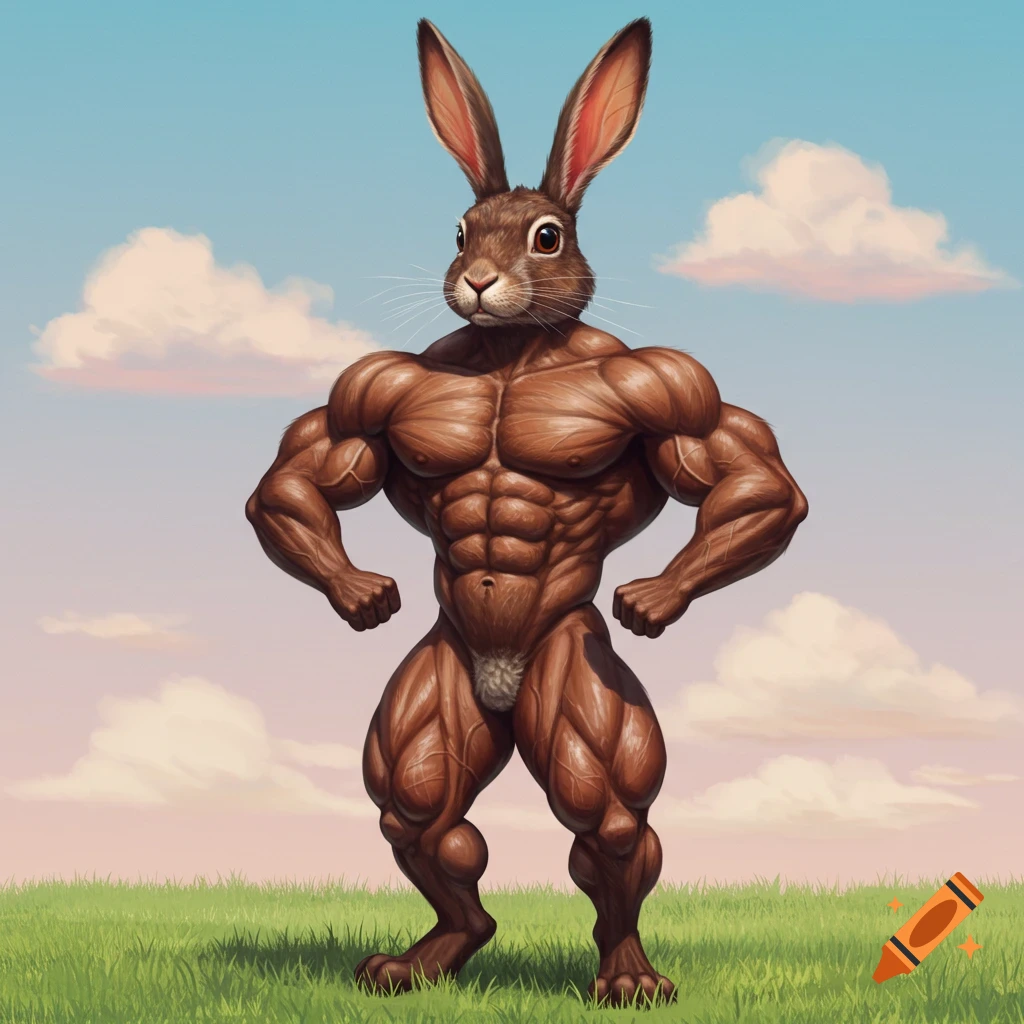 A muscular brown rabbit stands flexing in a grassy field under a blue sky.