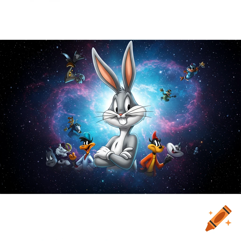 Bugs Bunny and other Looney Tunes characters float in space with a bright nebula backdrop.