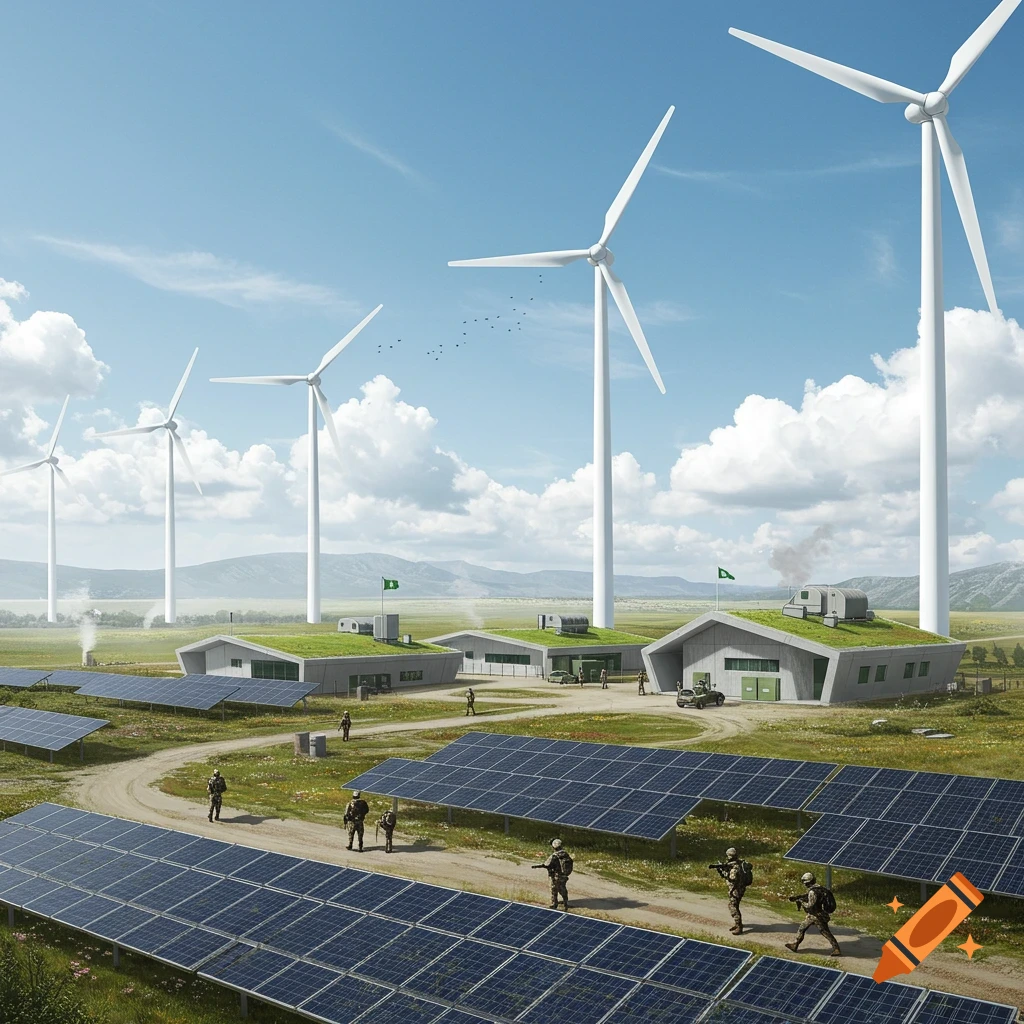 Photorealistic eco-friendly military base with solar panels, wind turbines, and soldiers in a field.