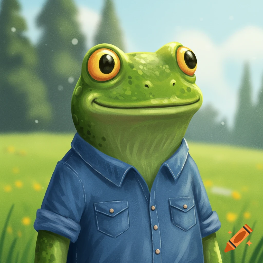 A cartoon anthropomorphic frog wearing a blue denim shirt stands in a grassy field.