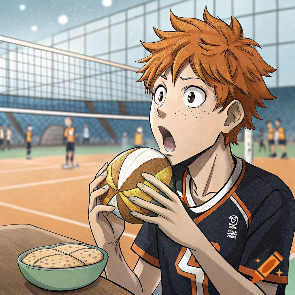 Anime character looking shocked while holding a volleyball with a bowl of food in a gym