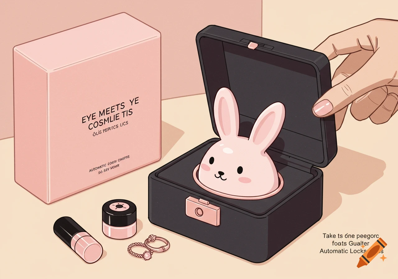 Illustration of a hand placing a pink bunny figure into a pink box, with cosmetics and jewelry nearby.