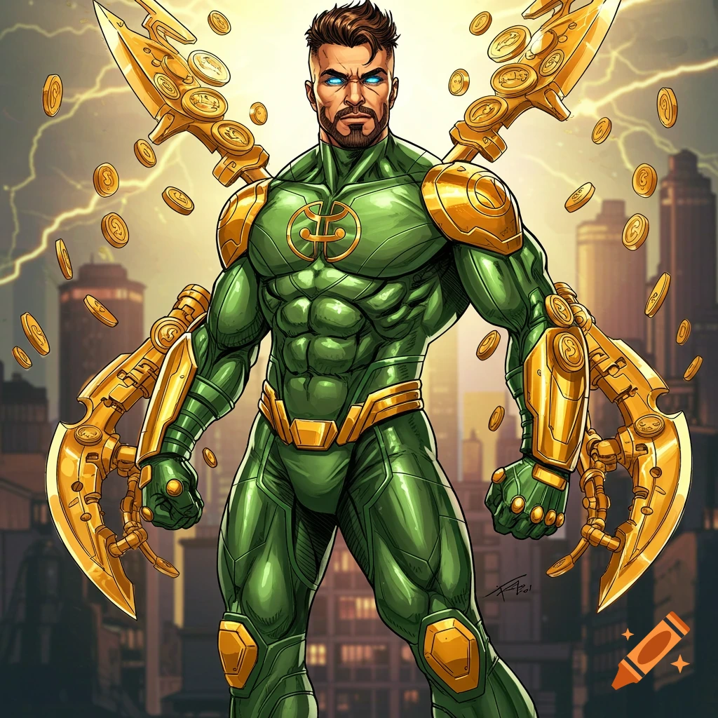 A muscular superhero in a green and gold suit with gold mechanical arms and flying coins stands before a city skyline with lightning, in a comic book style.