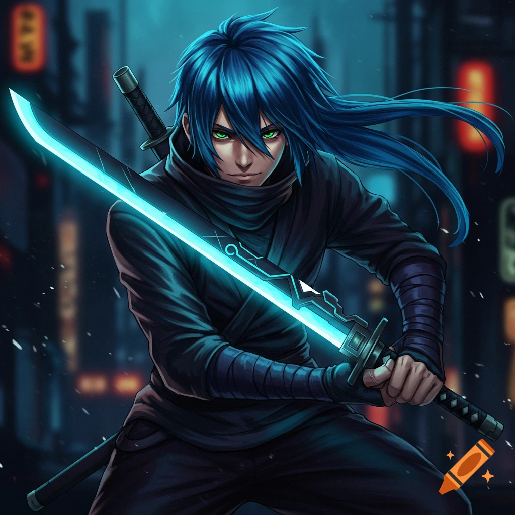 Anime character with blue hair and glowing sword in ninja outfit