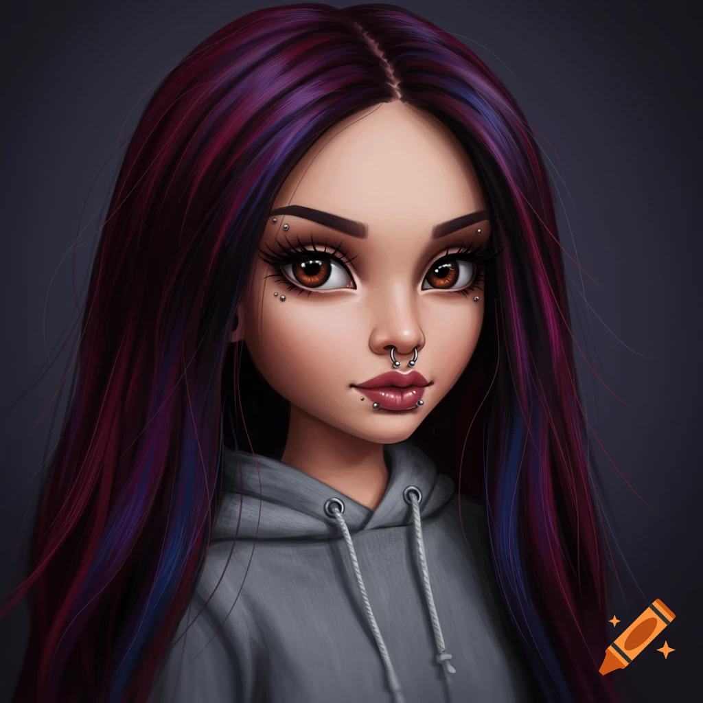 Stylized portrait of a girl with dark hair streaked purple and blue, facial piercings, and a grey hoodie.