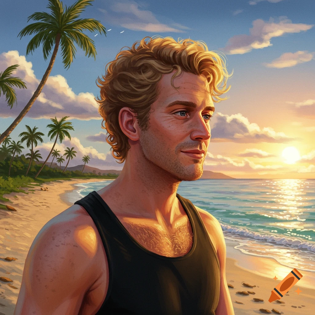 An illustrated portrait of a man on a tropical beach at sunset.