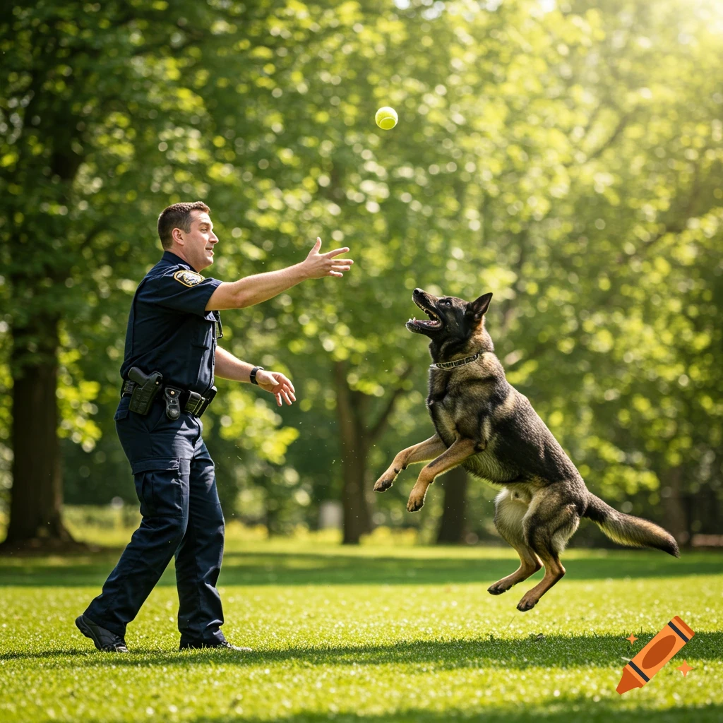 A police officer throws a tennis ball to a German Shepherd dog jumping in a park.