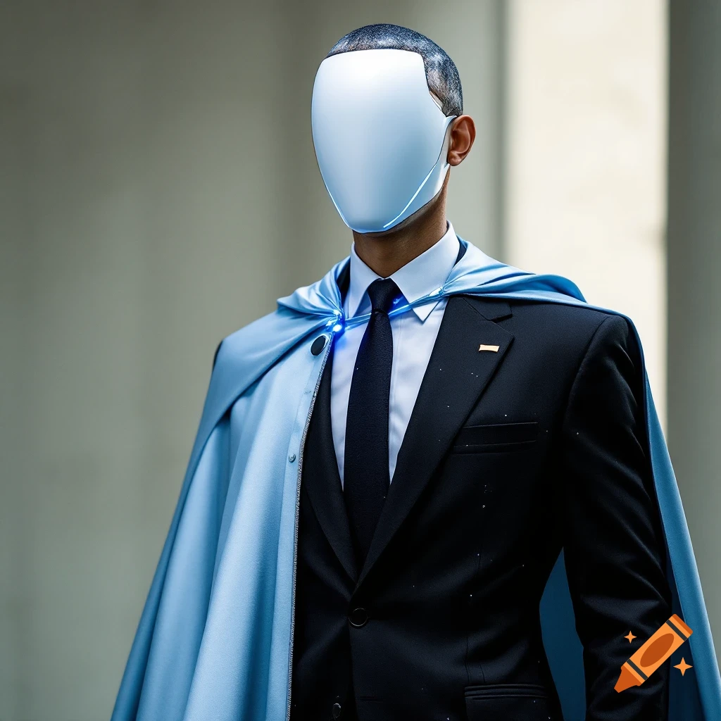 Figure in a suit, blue cape, and white mask.