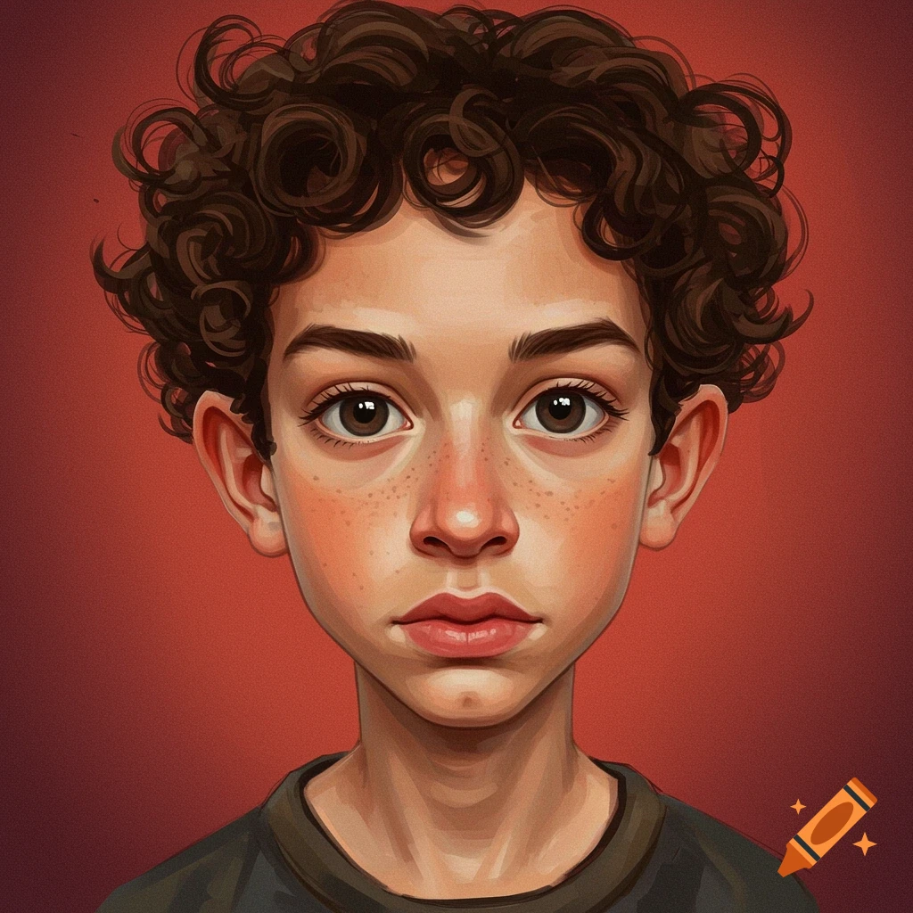 Stylized portrait of a young boy with curly brown hair and freckles against a red background.