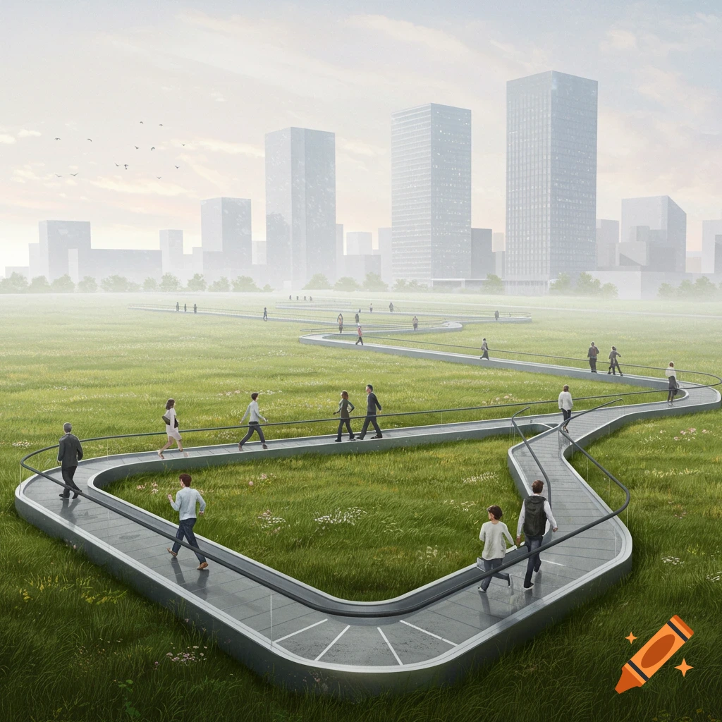 A winding pathway through a grassy field with people walking, buildings in the background.