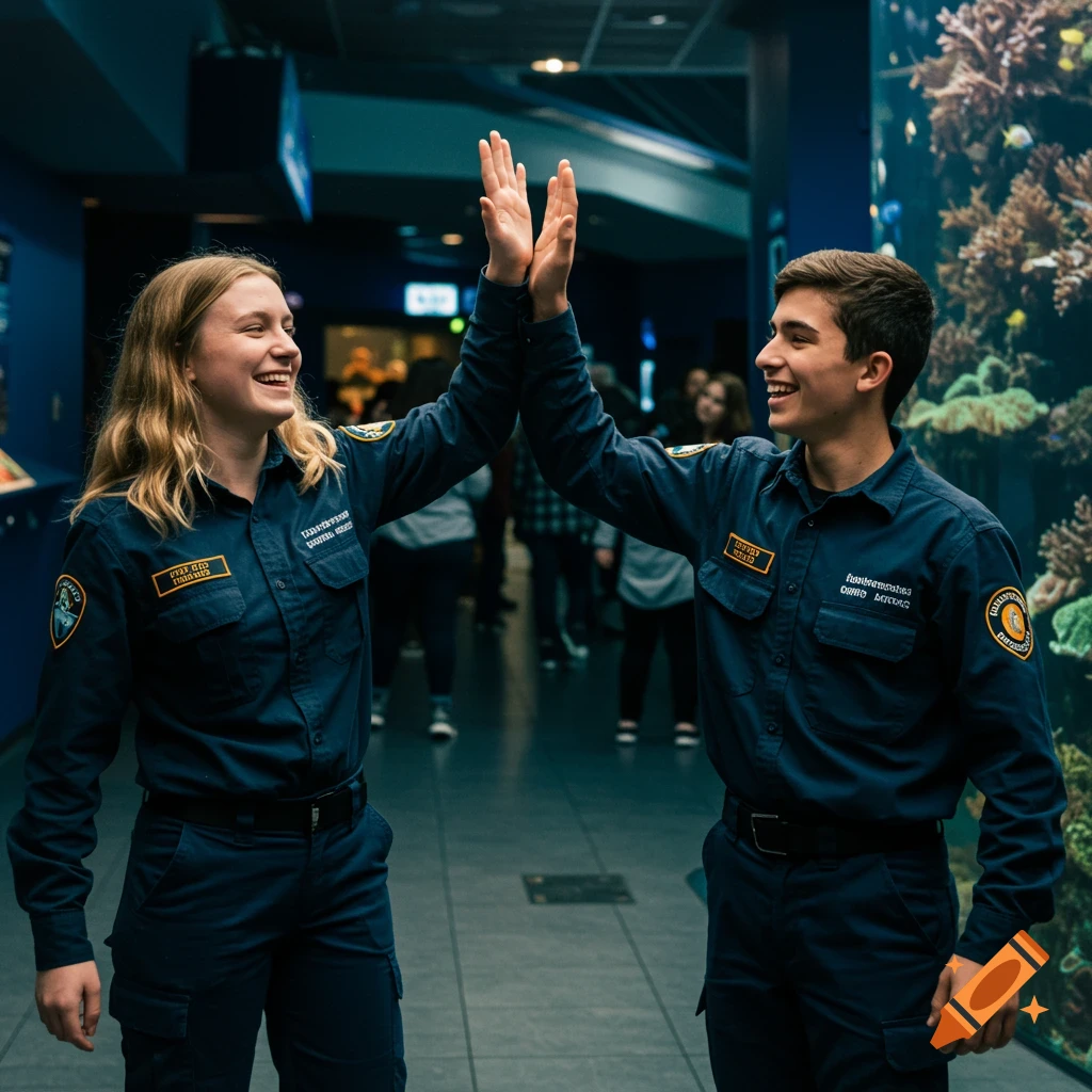 Two young aquarium workers high-fiving inside an aquarium.