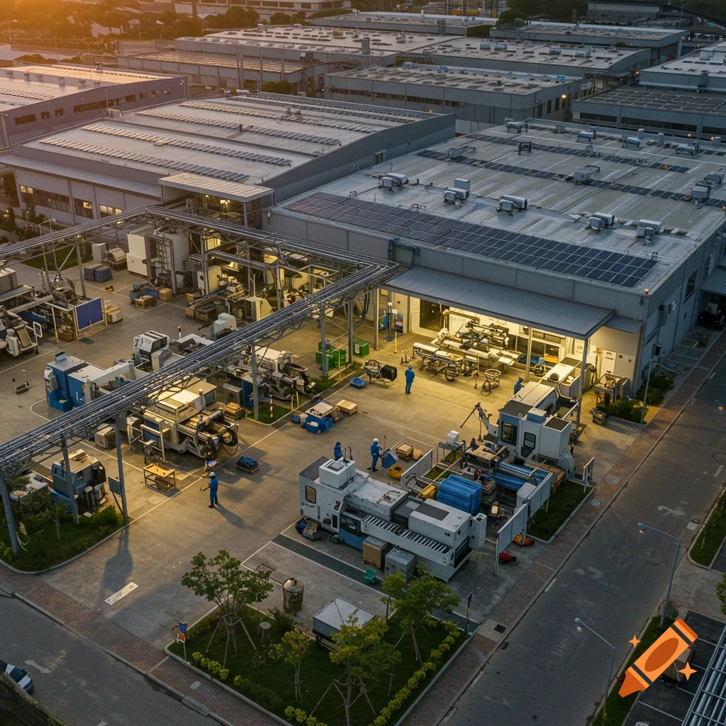 Aerial view of a manufacturing facility at sunset.