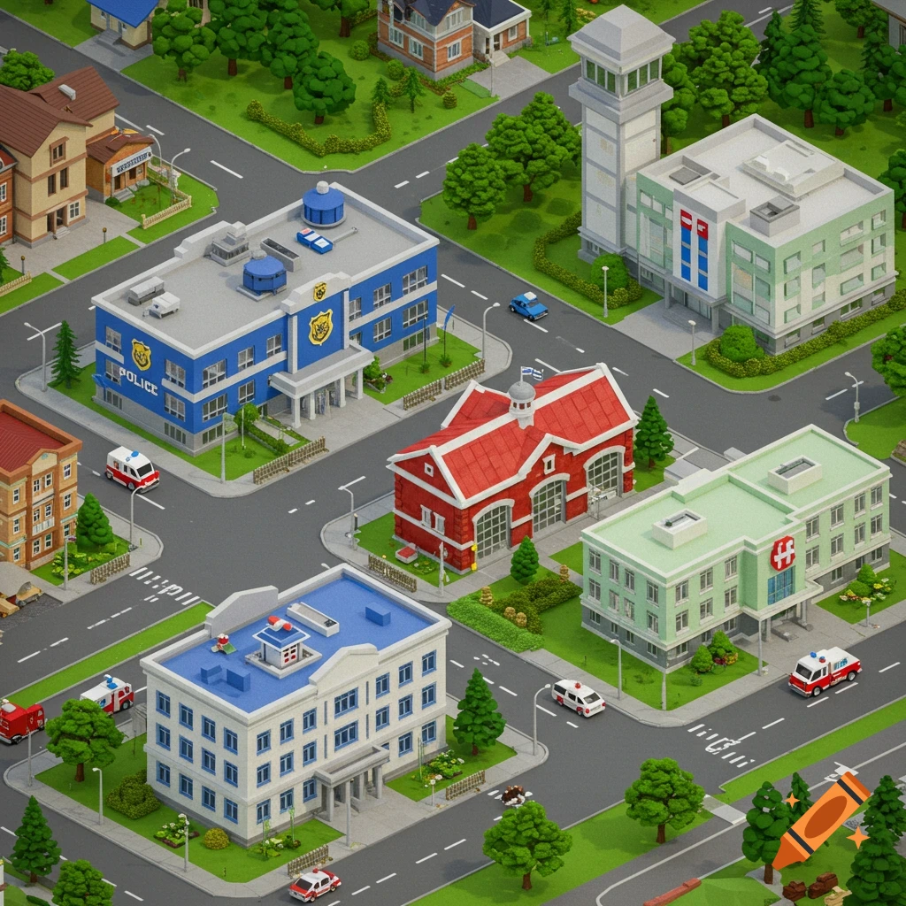 Isometric view of a city with a police station, fire station, and hospital in a SimCity style.