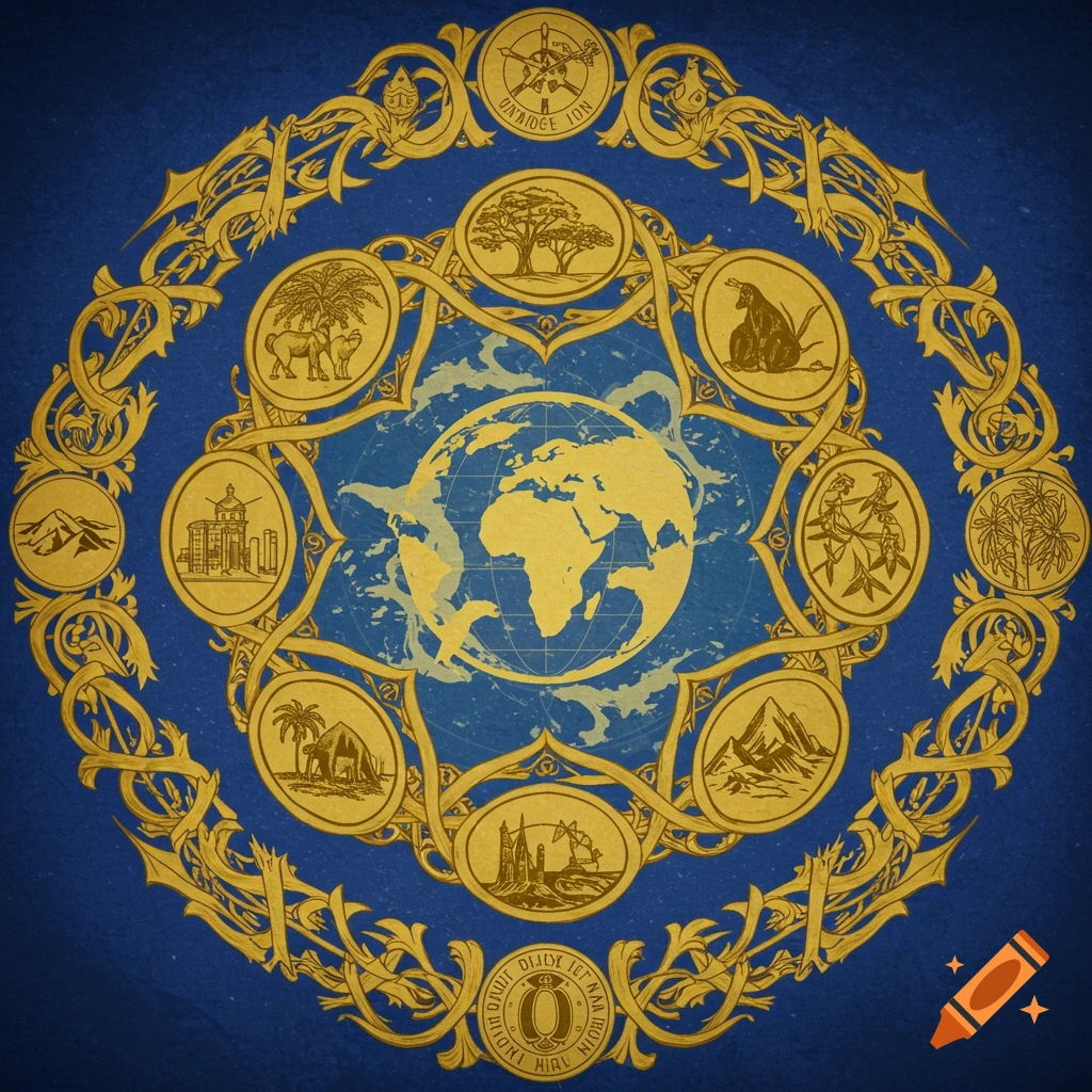Stylized illustration of a globe centered within a gold frame, surrounded by emblems depicting landscapes and symbols, on a blue background.