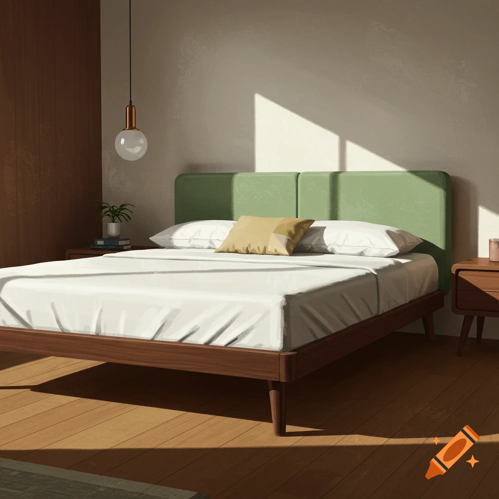 A sunlit bedroom with a bed, nightstand, and plant