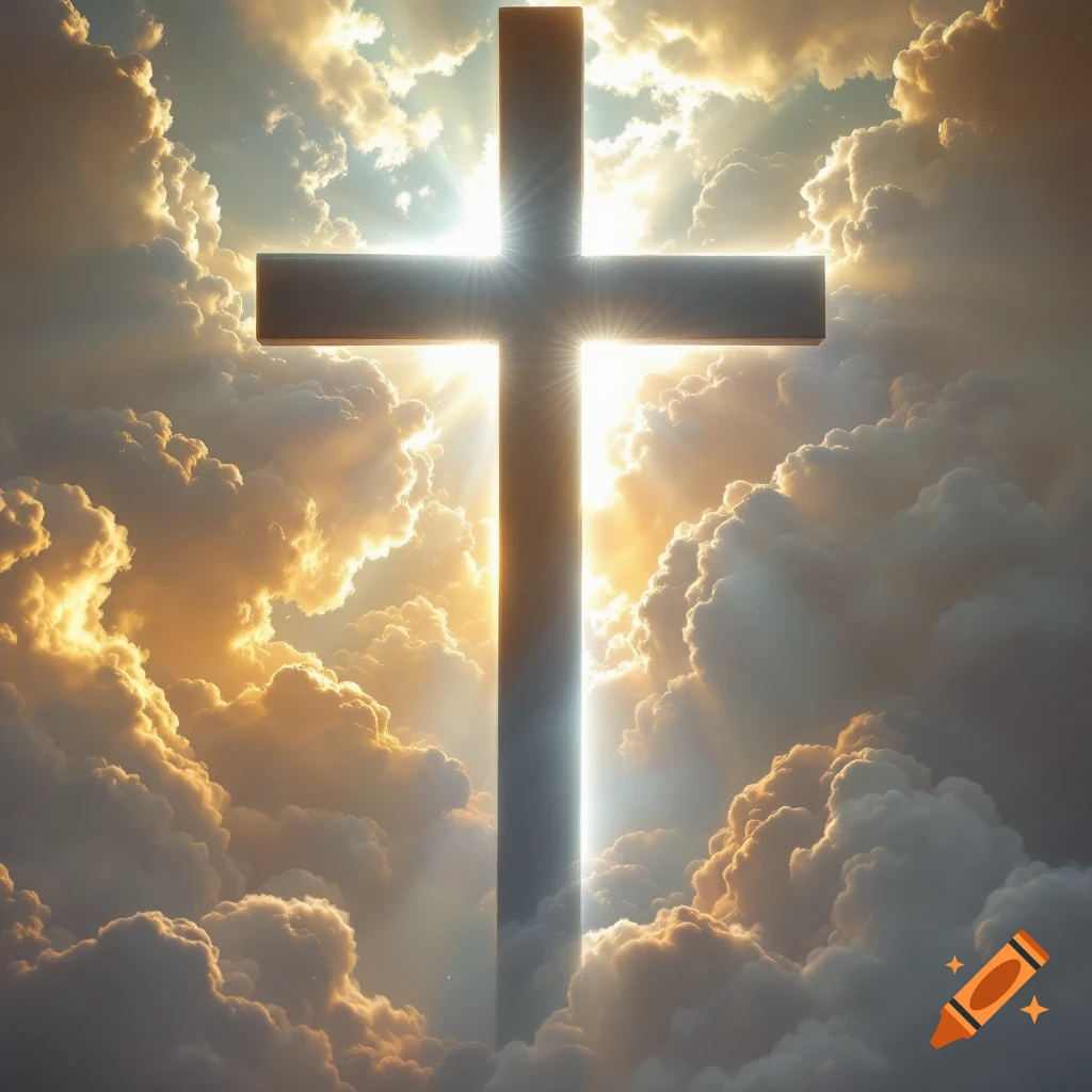 A large cross stands against a cloudy sky with sun rays shining around it.