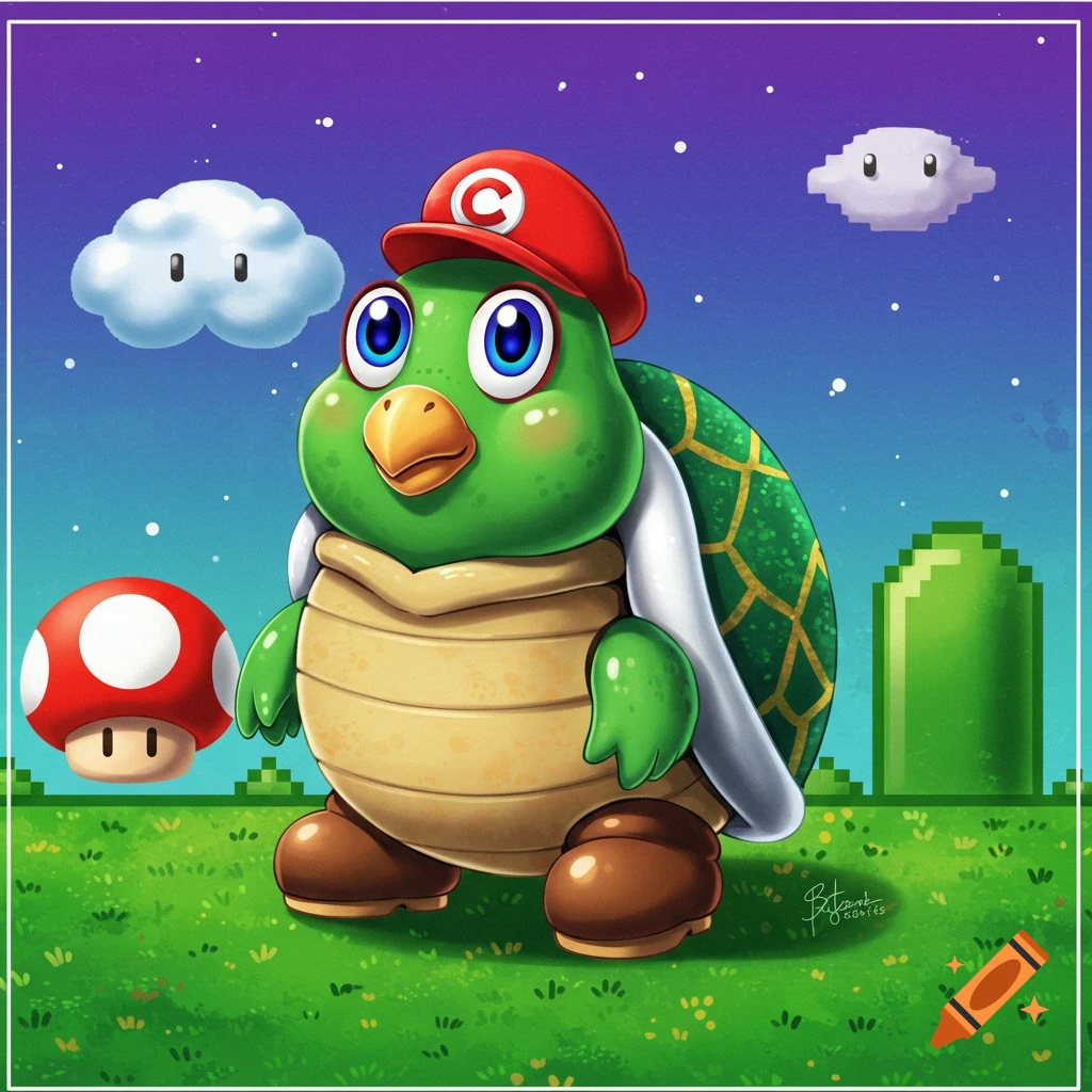 Cartoon turtle character wearing a red cap in a Super Mario Bros. setting with a mushroom and clouds.
