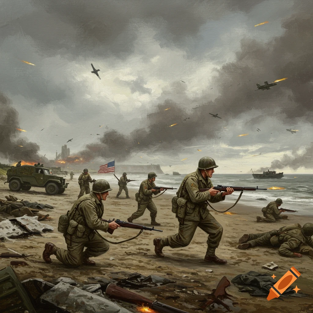A dramatic oil painting of American soldiers storming a beach under heavy fire during World War II.