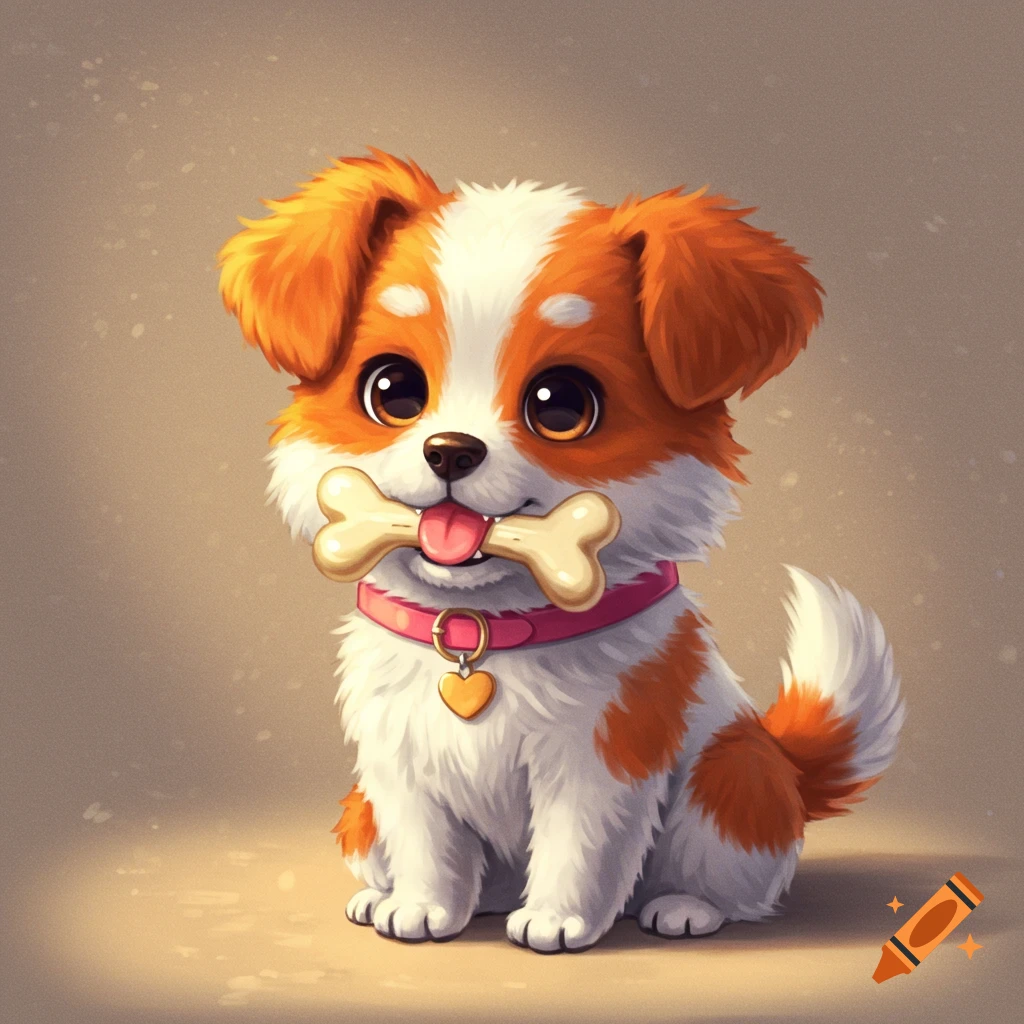 Cute cartoon puppy sitting, holding a bone, wearing a pink collar.