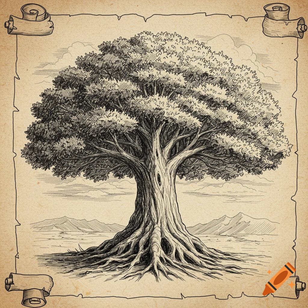 Black and white sketch of a large ancient tree with exposed roots in a landscape, framed by torn paper.