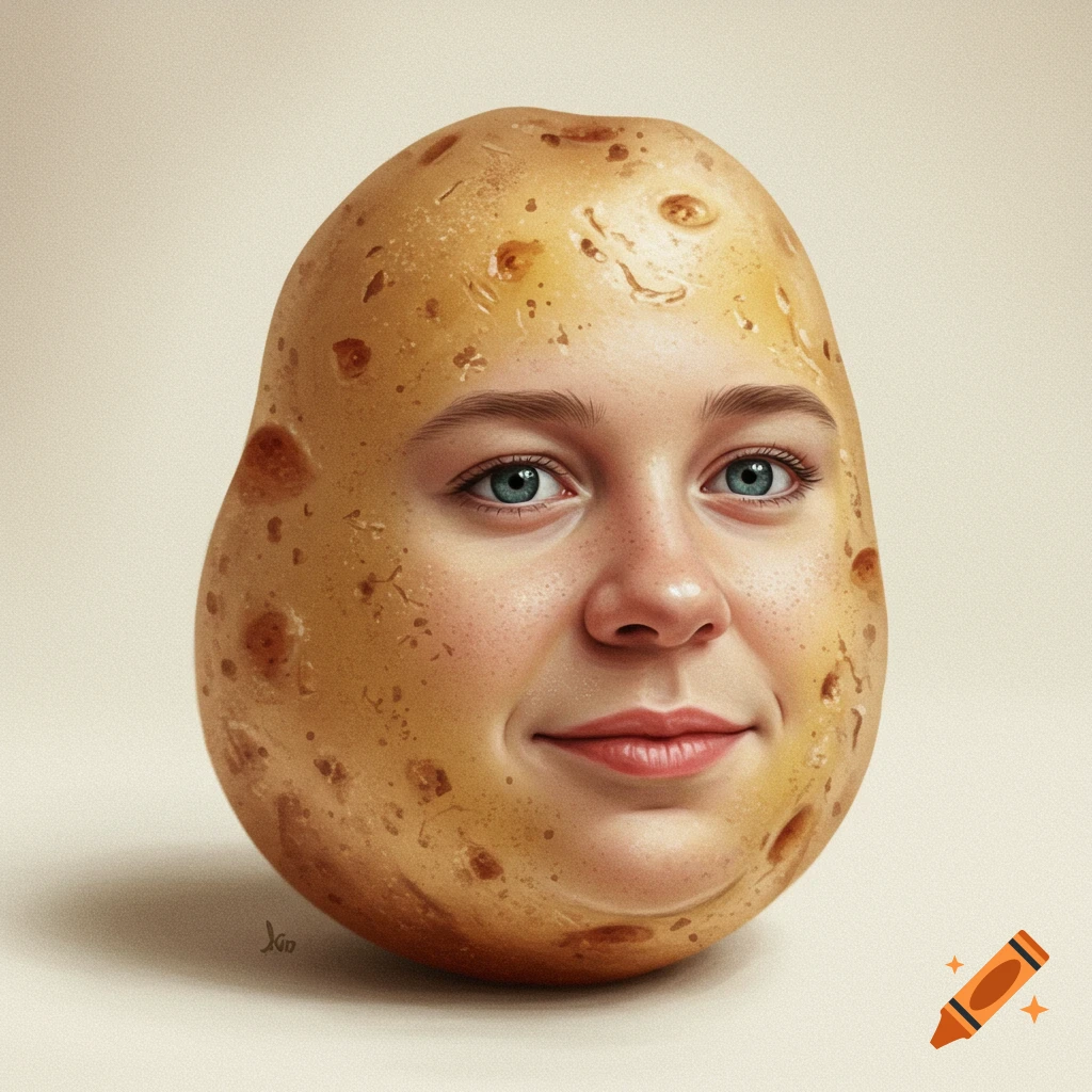 A photorealistic image of a potato with a human face on it.