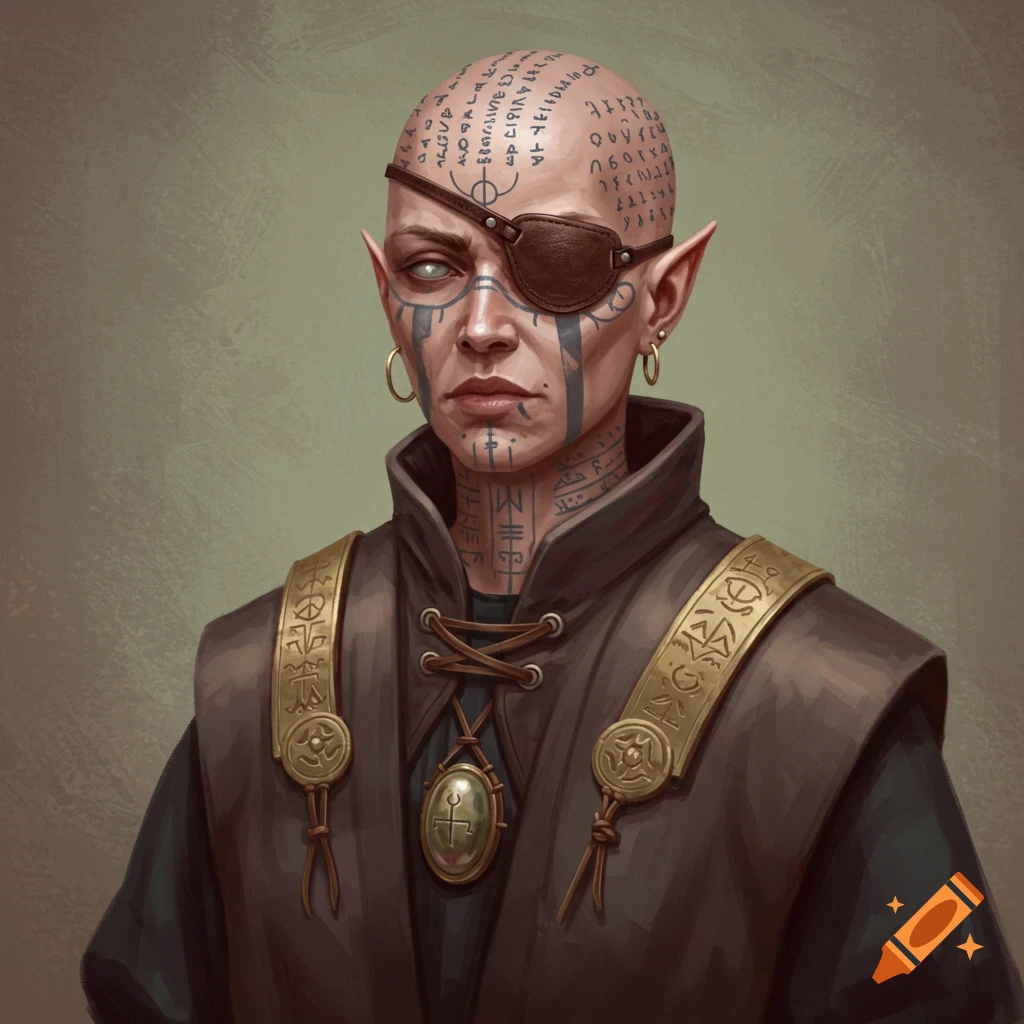 Bald elf priestess with eye patch, tattoos, robe, and amulet, digital art.