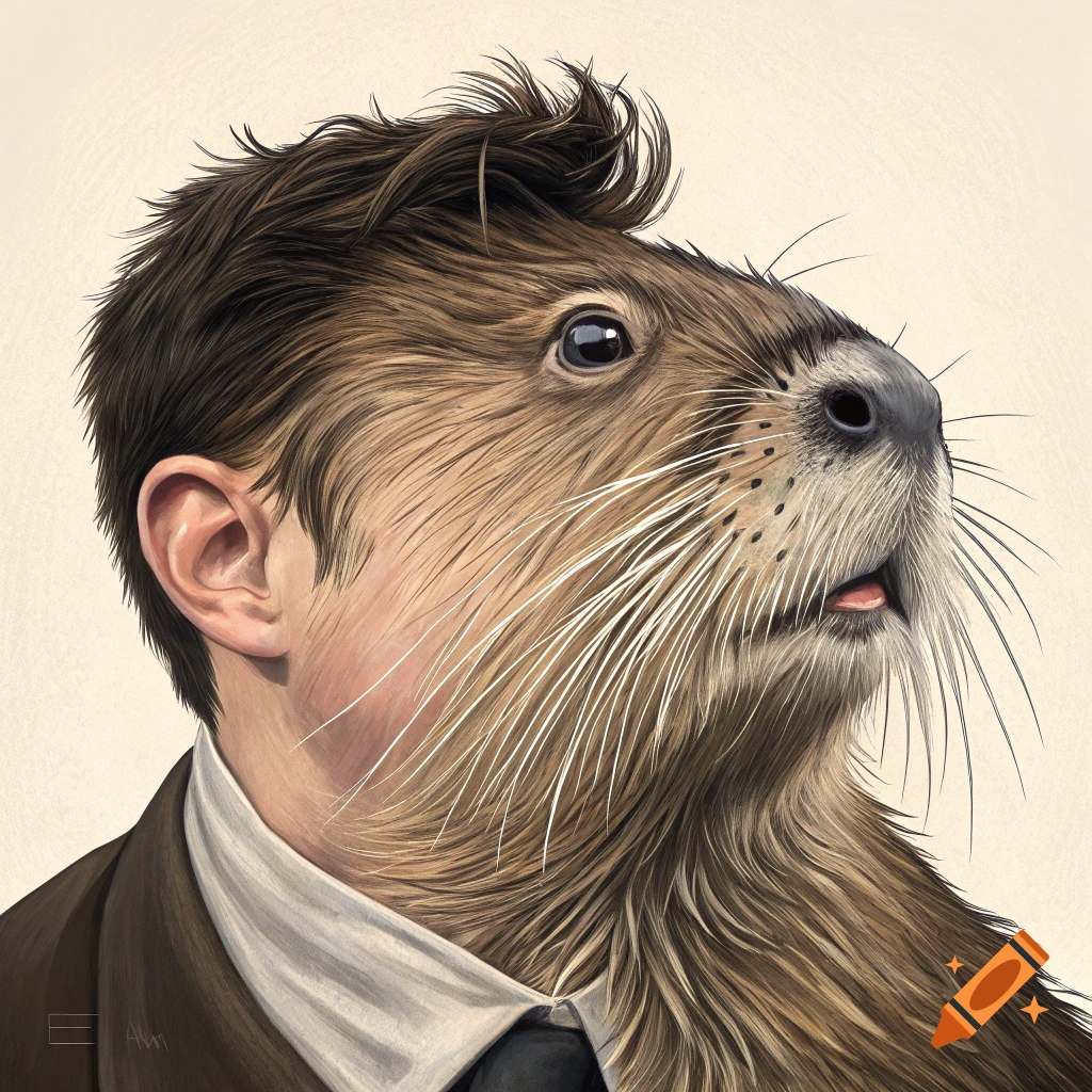 Illustration of a muskrat-human hybrid in a suit, looking up.