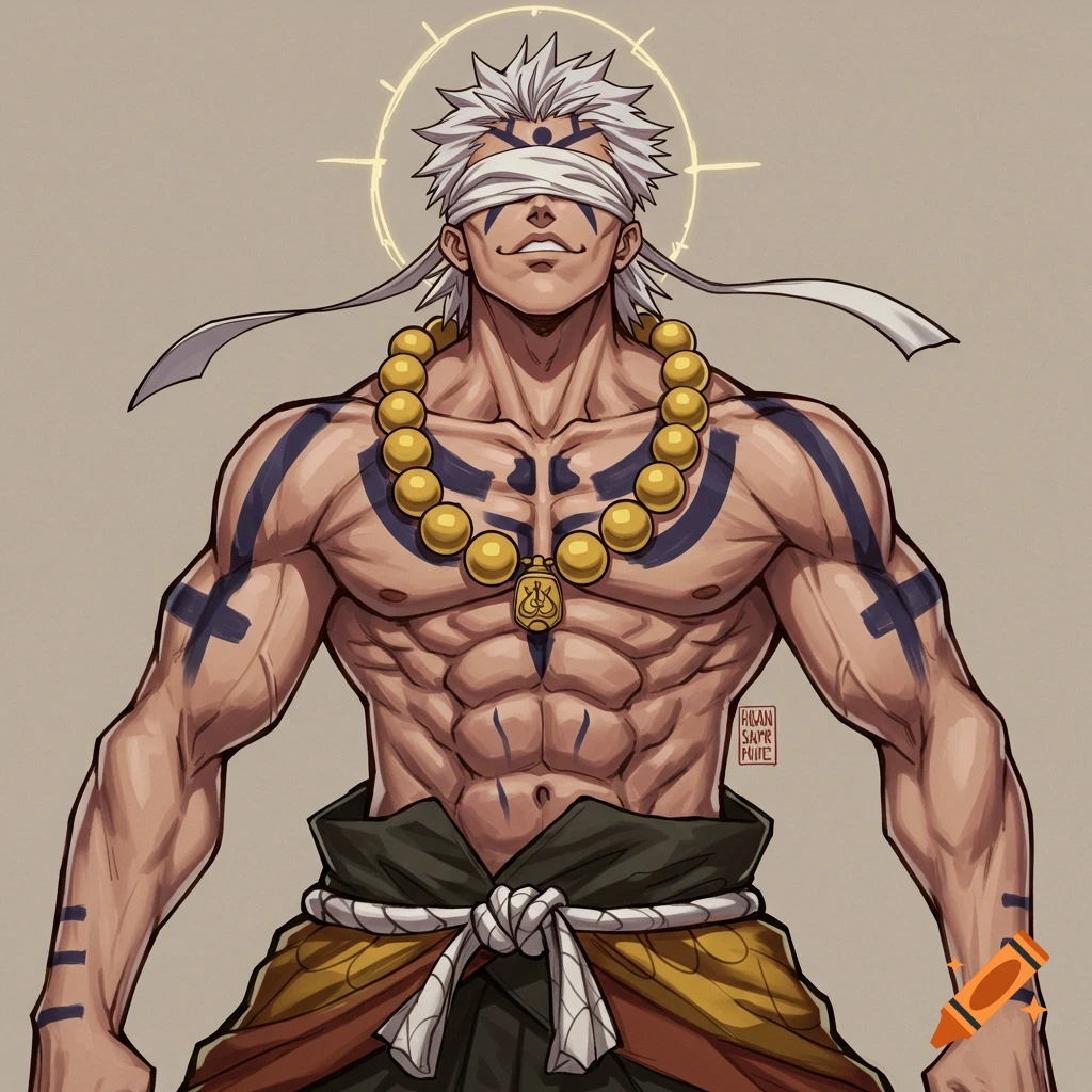 Anime drawing of a blindfolded muscular man with white hair, prayer beads, and tattoos.