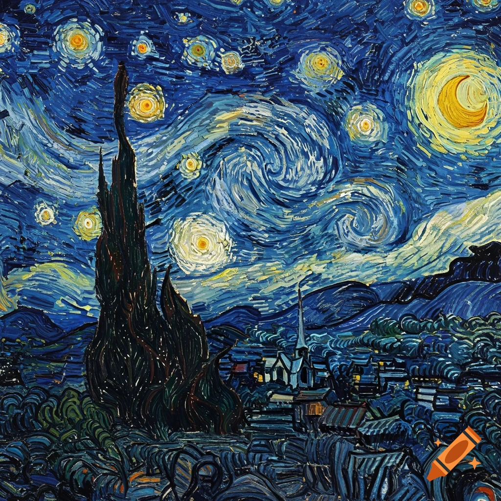 A painting of a village under a swirling night sky with bright stars, moon, and a cypress tree in Van Gogh's style