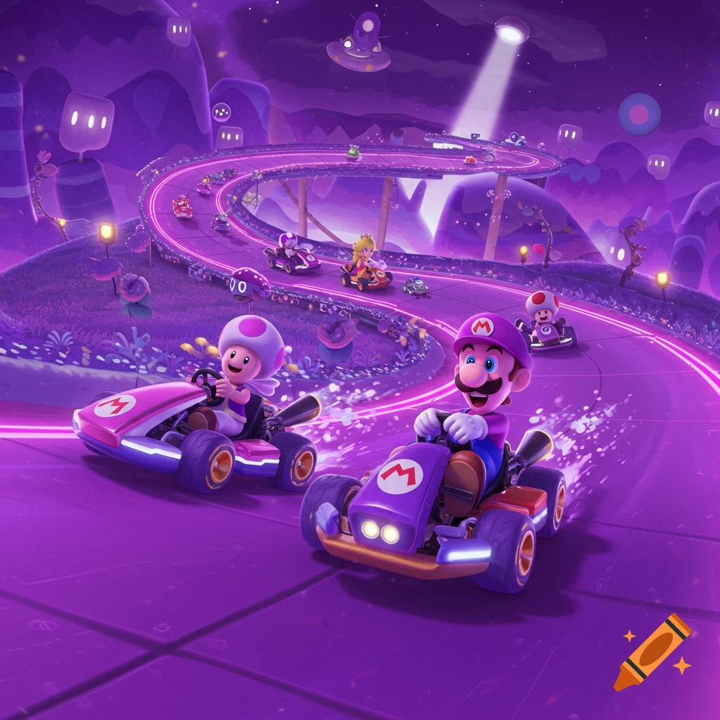 Mario, Toadette, and other characters race Mario Karts on a glowing ...