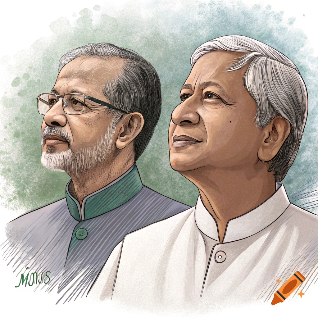 Illustration of two men's busts looking upwards in a sketch and watercolor style.