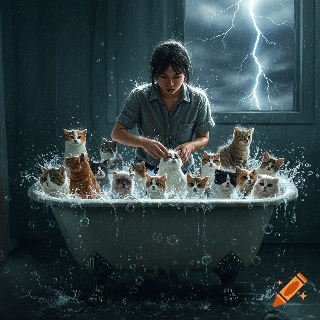 A person washes many cats in a bathtub during a thunderstorm. Photorealistic style.