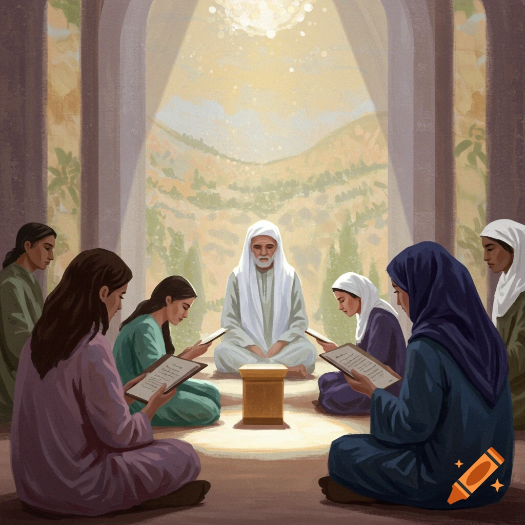 Group of people sitting and reading books with an older man in a room with sunlight and mountains.