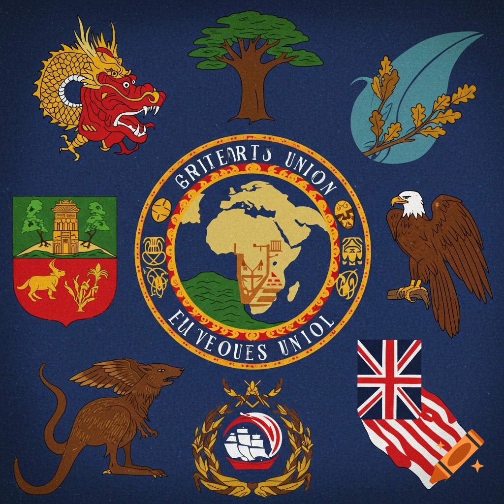 Illustrative collage of symbols including a central emblem, dragon, eagle, winged kangaroo, crests, flags, tree, and leaf.