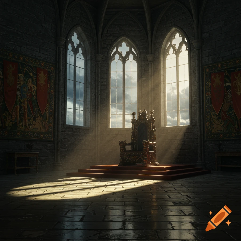 A large, ornate throne sits on a platform in a castle throne room, illuminated by light streaming through tall windows.