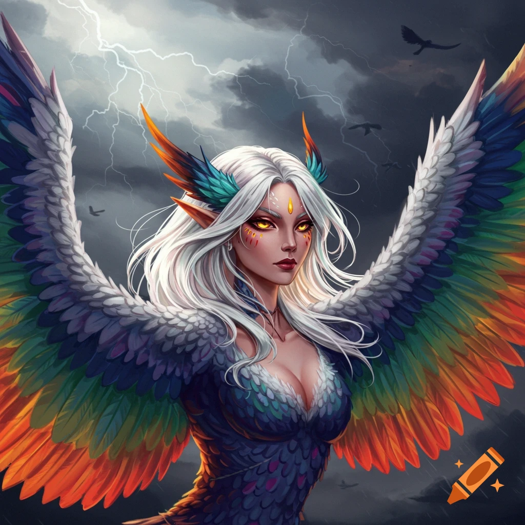 A gorgeous fantasy harpy with white hair, glowing eyes, colorful wings, against a stormy sky with lightning.