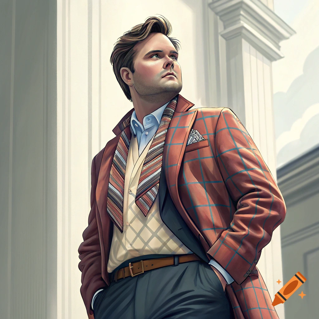A stylishly dressed man in a suit jacket and scarf looks up while standing near large pillars in an illustrative style.