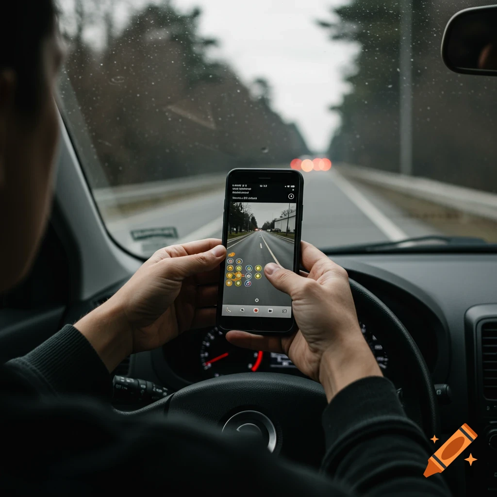 Hands holding a smartphone displaying a road scene inside a car.
