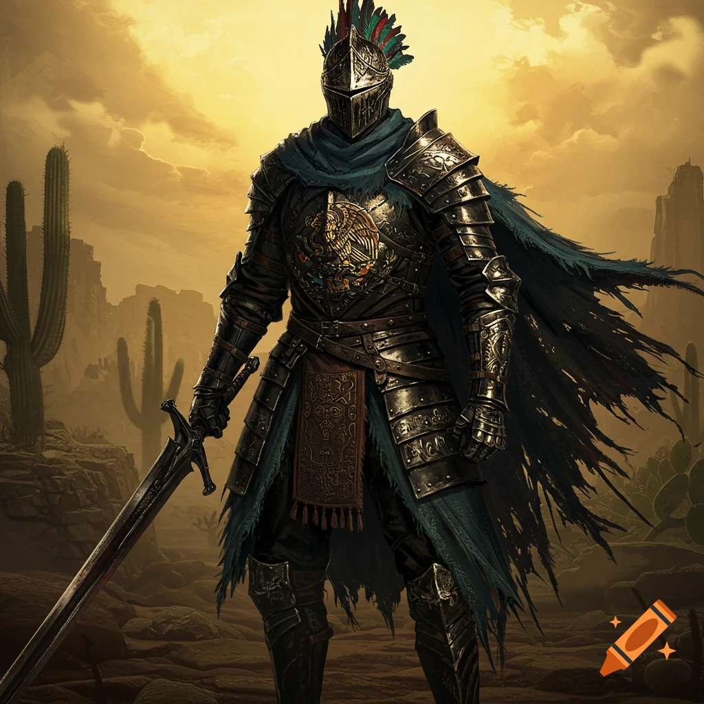 A fantasy knight in ornate armor stands in a desert landscape with cacti, holding a sword.
