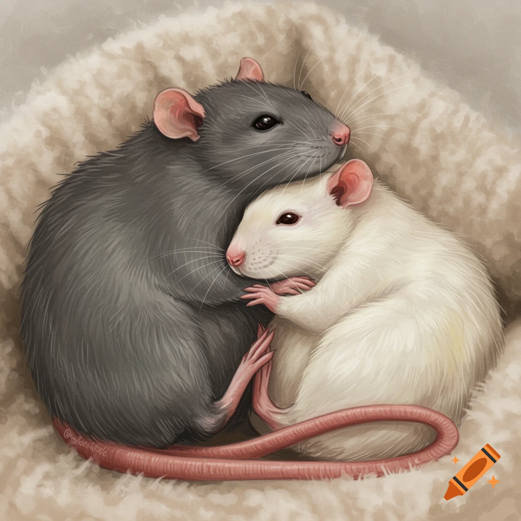 A gray rat and a white rat cuddle together on a fluffy surface. Illustrated.