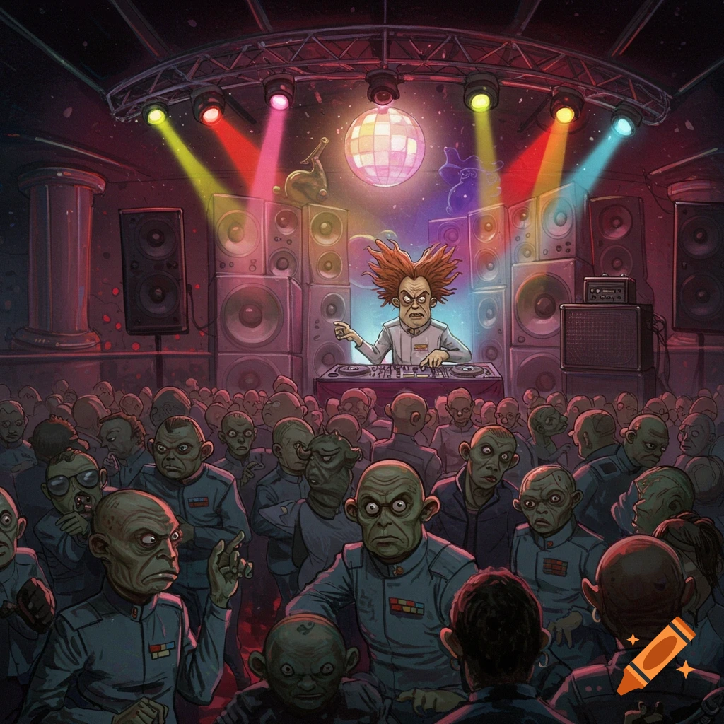 Illustration of a Vogon DJing at a disco for a crowd of Vogons.